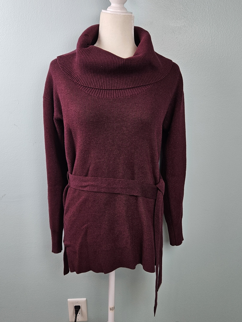 White House Black Market Burgundy Cowl Neck Belted Sweater Tunic